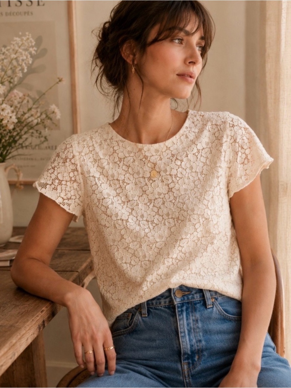 Talula Ivory Floral Lace Short-Sleeve Top